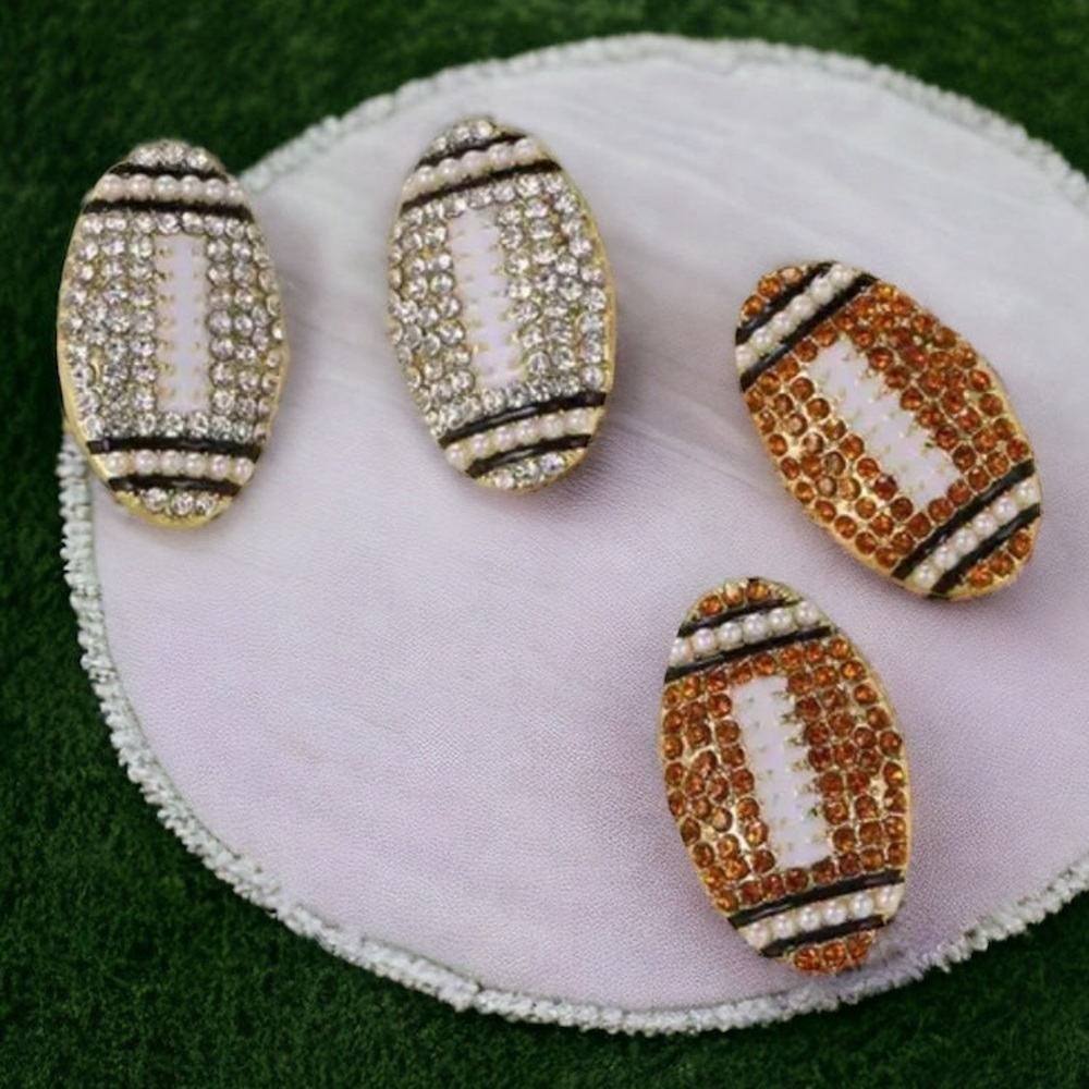 Stunning Set of Two Oversized Rhinestone Football Stud Earrings - Brand New
